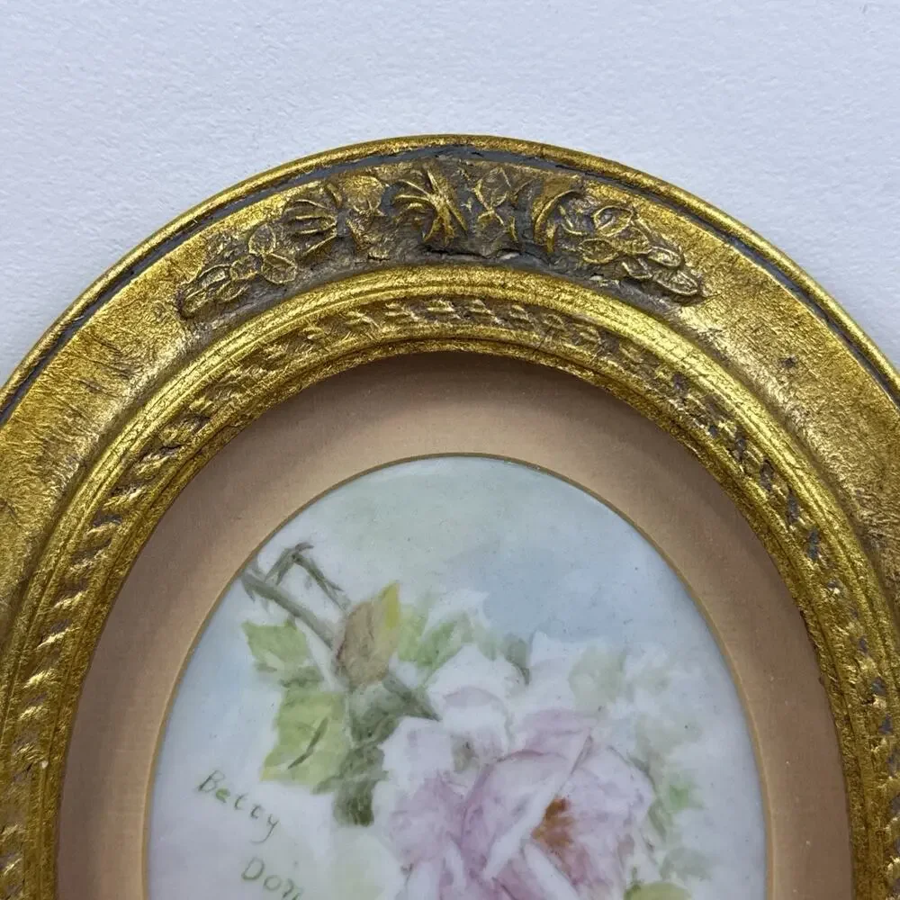 Vintage Gold Gilt Victorian Oval Frame with Painted Porcelain Rose Art 10”